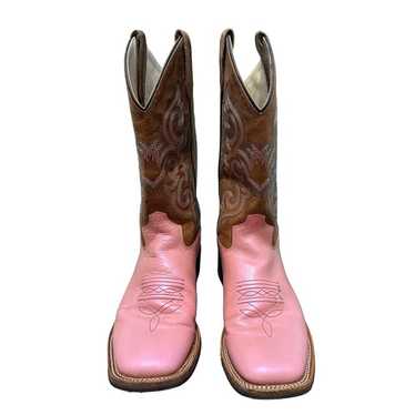 Old West Pink Brown Leather Square Toe Cowboy Boo… - image 1
