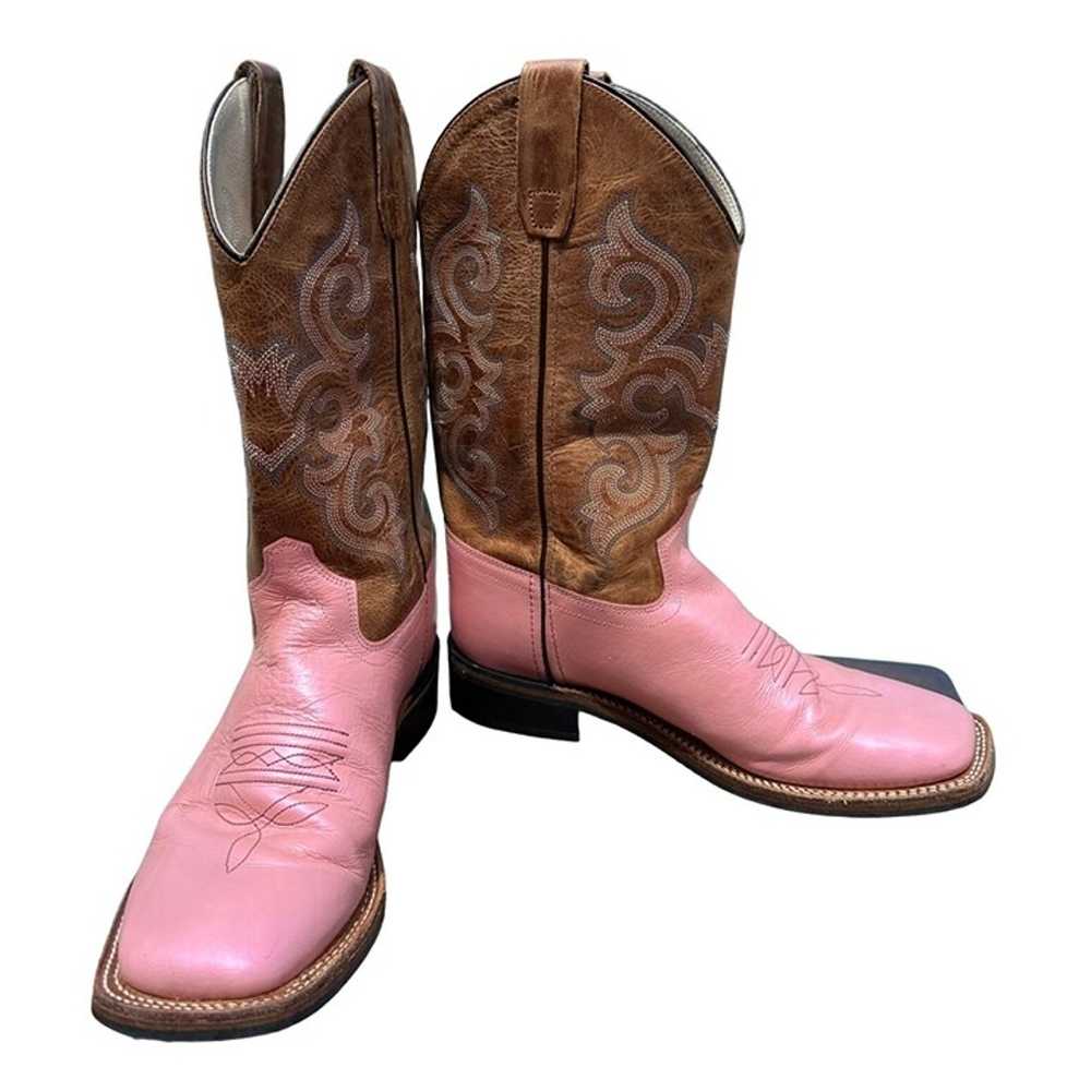 Old West Pink Brown Leather Square Toe Cowboy Boo… - image 3