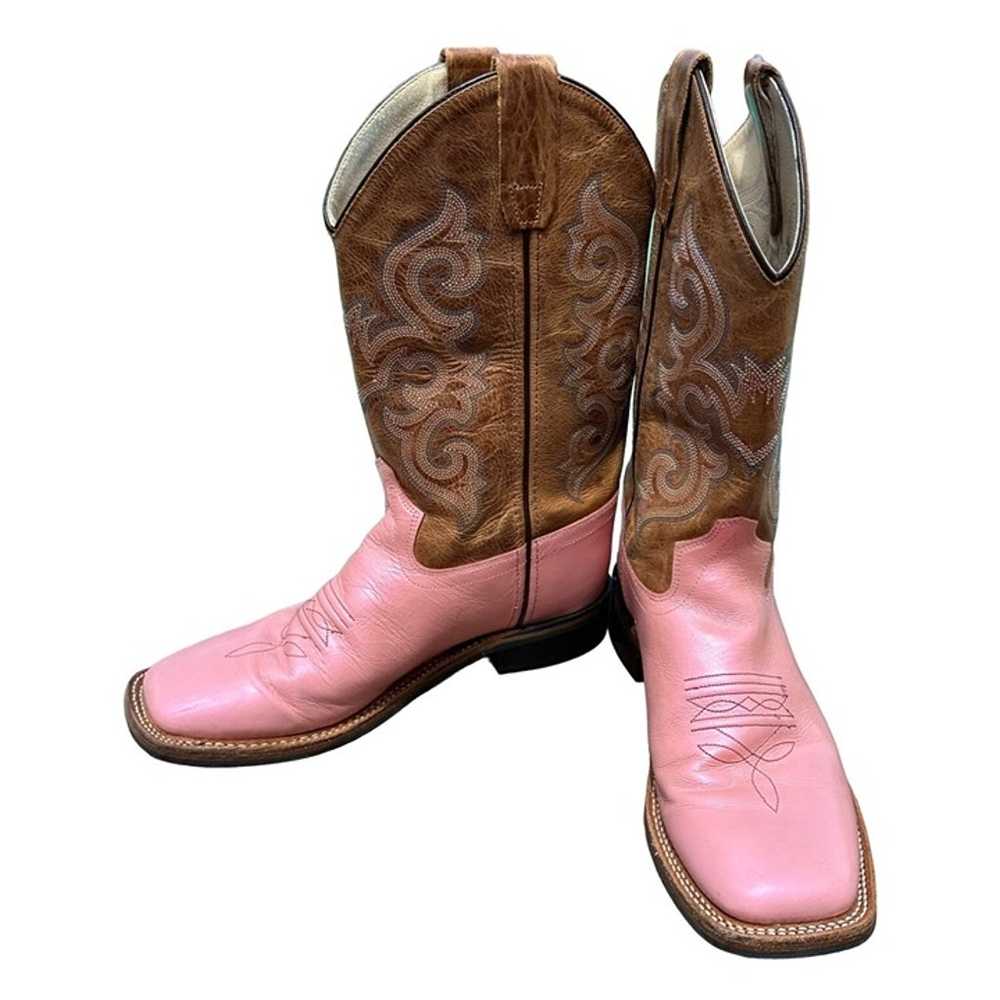 Old West Pink Brown Leather Square Toe Cowboy Boo… - image 4