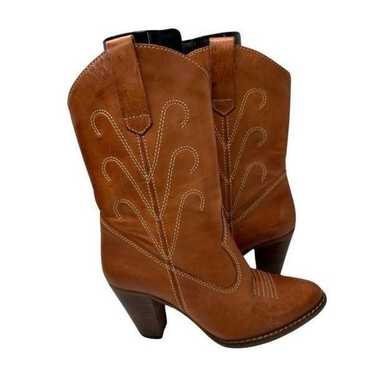 DANELLE Tan High Heeled Leather Cowboy Boots Size… - image 1