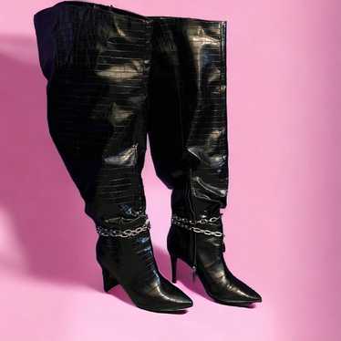 Labradorite Thigh-High Faux Croc Leather Boots - … - image 1