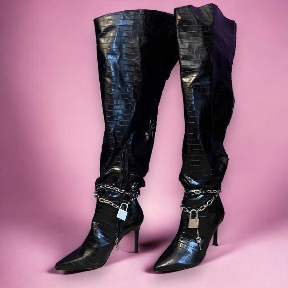 Labradorite Thigh-High Faux Croc Leather Boots - … - image 2