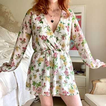 Floral Chiffon Sheer Long Sleeve Romper with Shor… - image 1