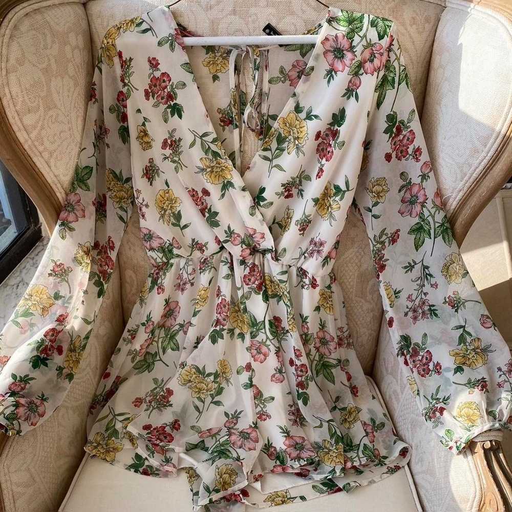 Floral Chiffon Sheer Long Sleeve Romper with Shor… - image 2