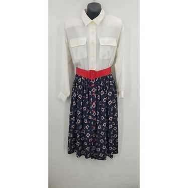Vintage Leslie Fay Red White Blue Dress Long Slee… - image 1