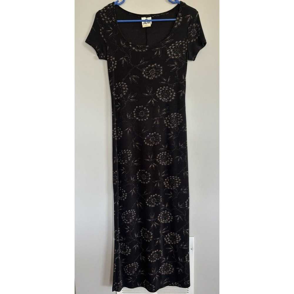 Vintage 90s Black Floral Glitter Maxi Dress Size … - image 1