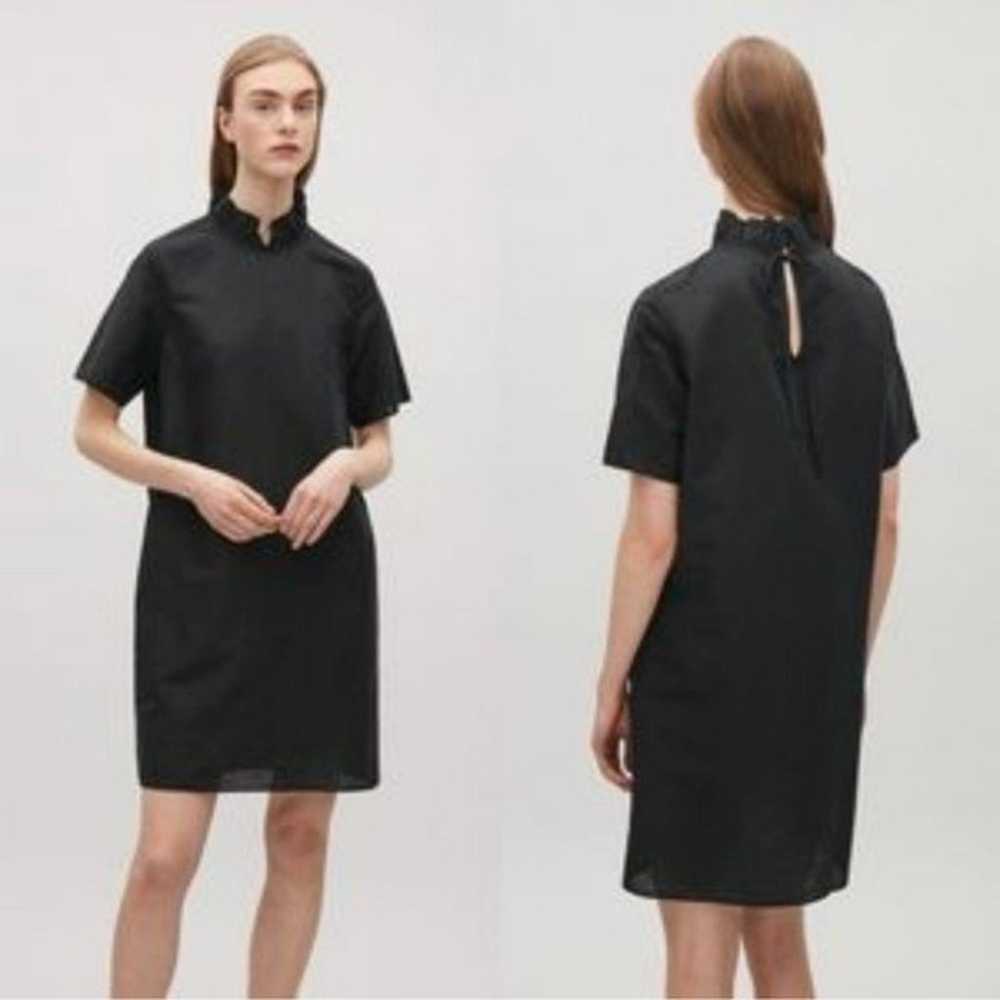 COS black linen cotton shift dress ruffle neck sh… - image 1