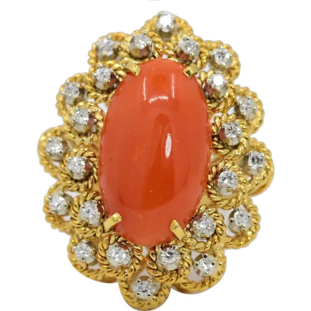 Italian Orange Red Coral Diamond 18k Yellow Gold … - image 1