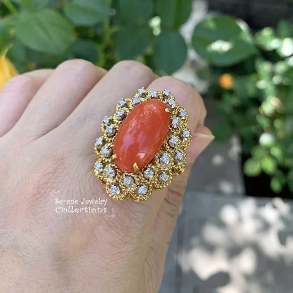 Italian Orange Red Coral Diamond 18k Yellow Gold … - image 2