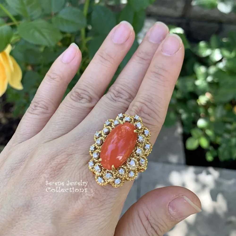 Italian Orange Red Coral Diamond 18k Yellow Gold … - image 5