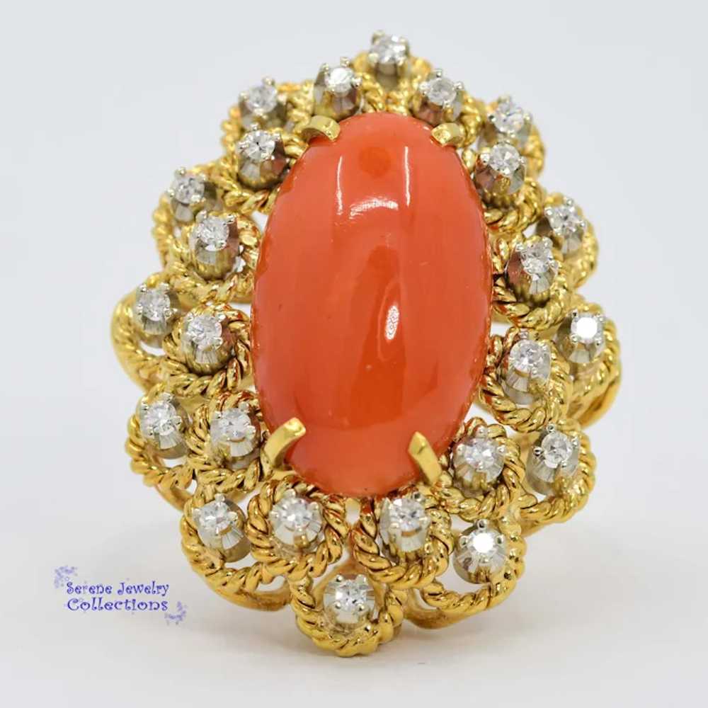 Italian Orange Red Coral Diamond 18k Yellow Gold … - image 6