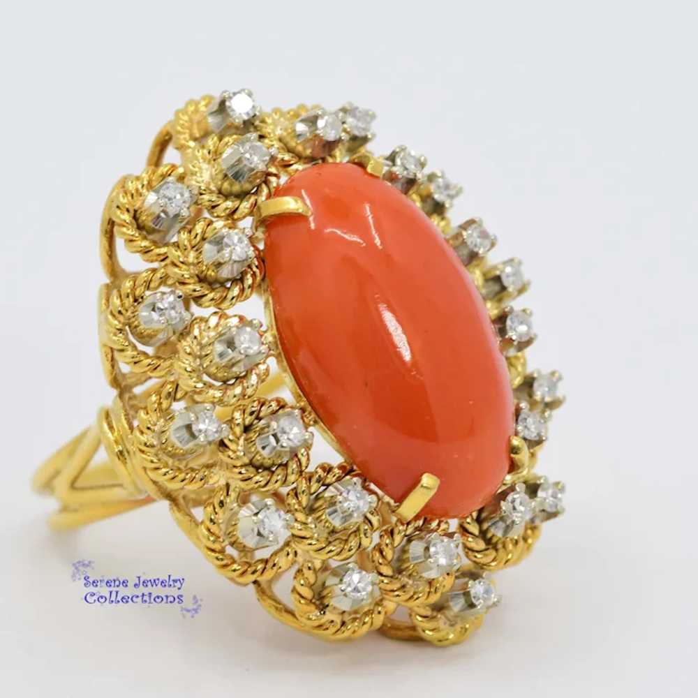 Italian Orange Red Coral Diamond 18k Yellow Gold … - image 7