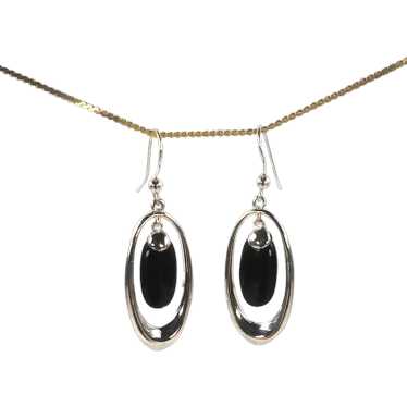 Black Onyx and 925 Sterling Silver Oval Hoop Dang… - image 1
