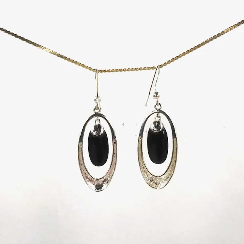 Black Onyx and 925 Sterling Silver Oval Hoop Dang… - image 2