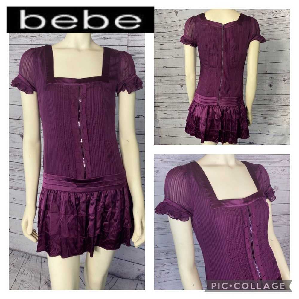Bebe silk sexy dress with ruffles in plum size sm… - image 2
