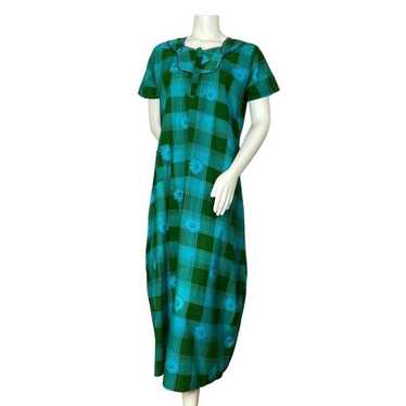 Vintage Plaid Muumuu Dress Daisy Floral Green Blu… - image 1