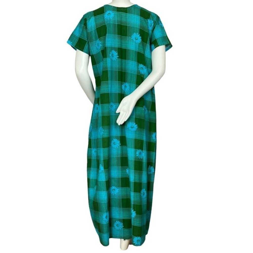 Vintage Plaid Muumuu Dress Daisy Floral Green Blu… - image 2
