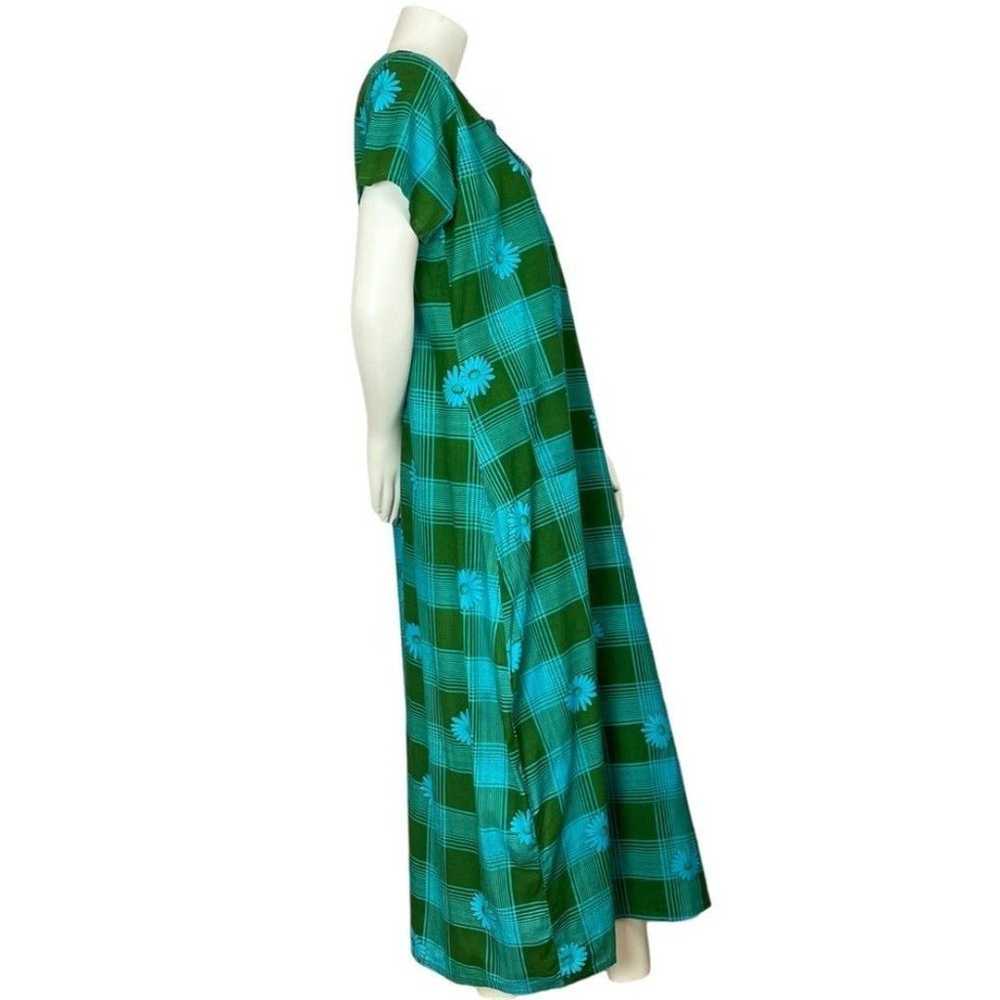 Vintage Plaid Muumuu Dress Daisy Floral Green Blu… - image 3