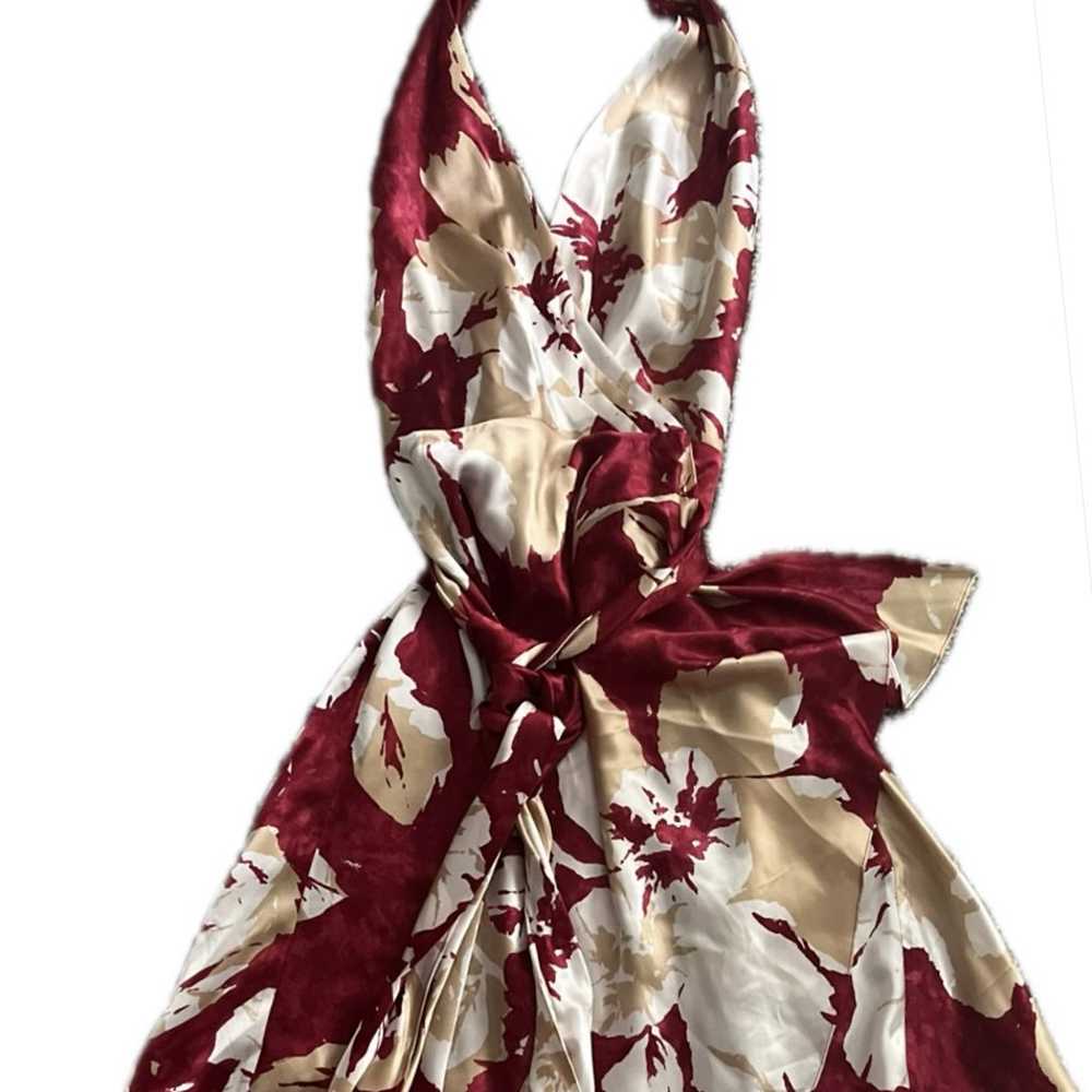 BCBG Max Azria Red Floral 100% Silk Halter Wrap D… - image 2