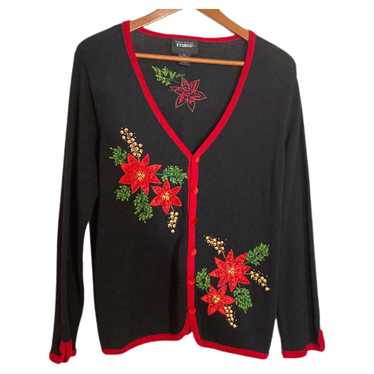 Christmas Sweater Poinsettias Beaded Cardigan M B… - image 1