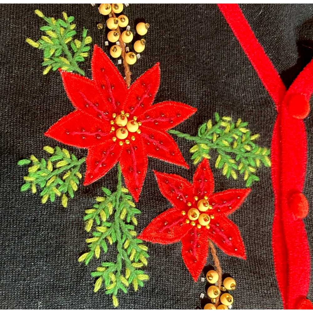 Christmas Sweater Poinsettias Beaded Cardigan M B… - image 2