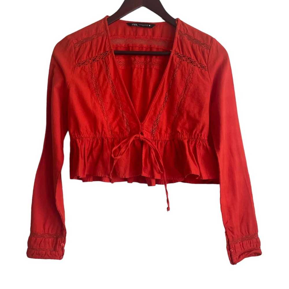 Zara Women Crop Top Deep V-Neck Long Sleeve Elast… - image 1