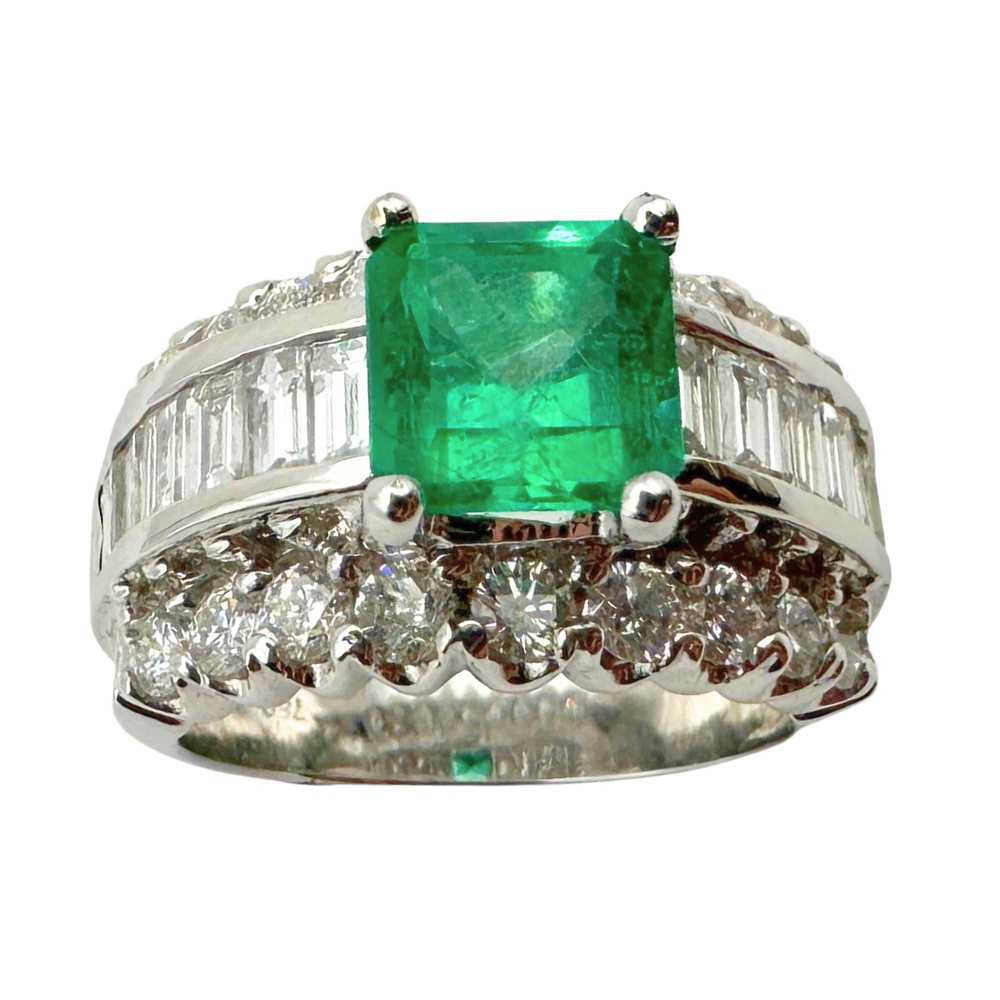 18k Diamond and Emerald Wide Band Ring - image 1