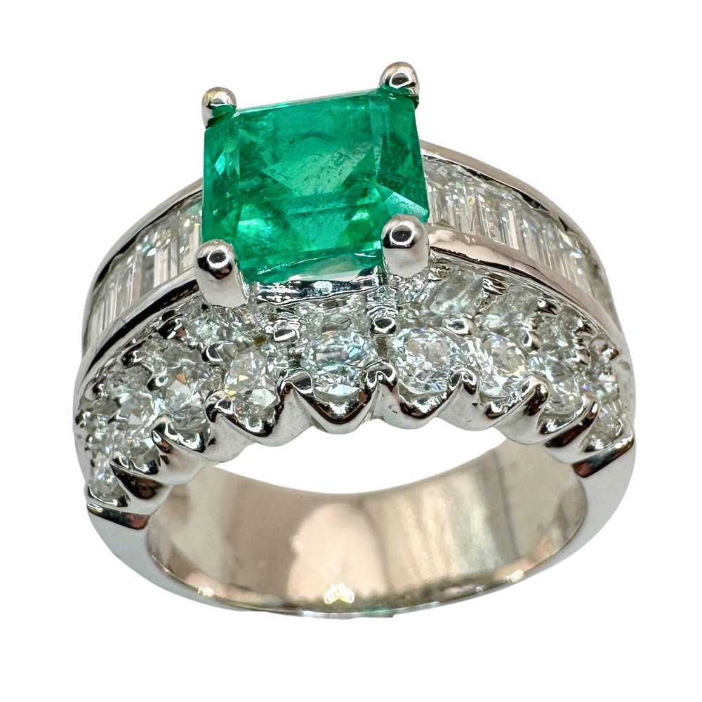 18k Diamond and Emerald Wide Band Ring - image 2
