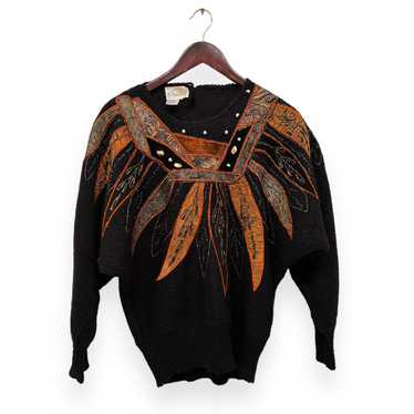 VTG Feather Embellished Embroidered Sweater Size … - image 1