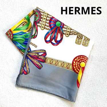 "Authentic Hermes Silk Scarf Carre 90 Grey White … - image 1