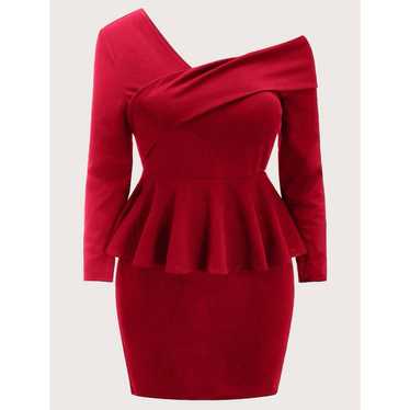 Plus Size Asymmetrical Neck Peplum Red Dress - (0X