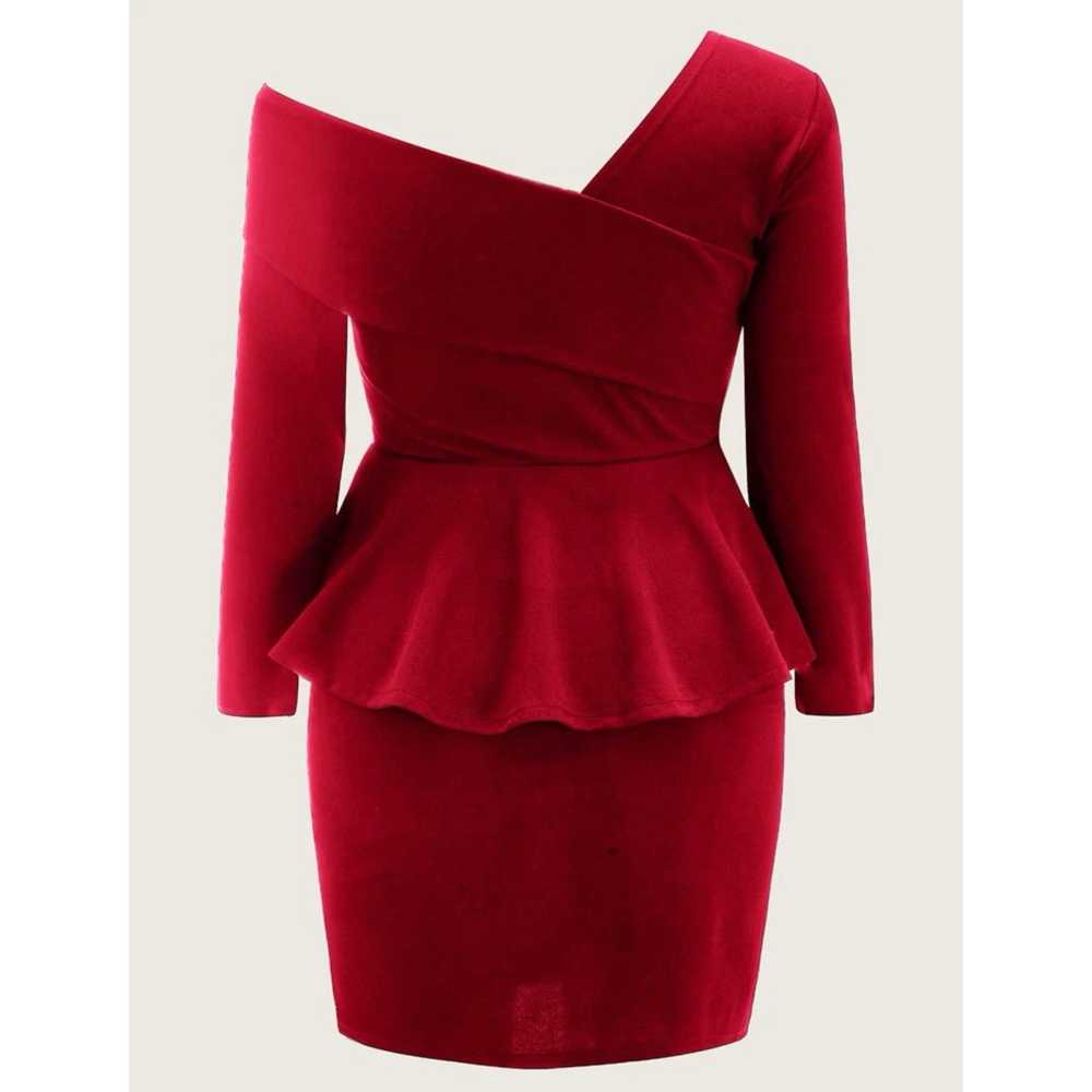 Plus Size Asymmetrical Neck Peplum Red Dress - (0… - image 2
