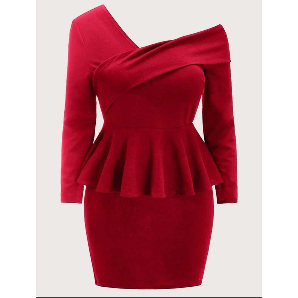Plus Size Asymmetrical Neck Peplum Red Dress - (0… - image 3