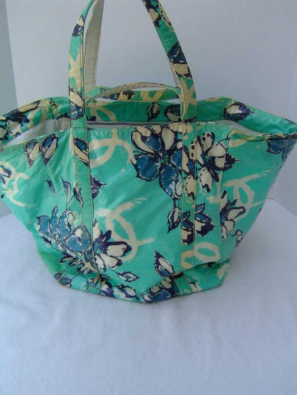 AUTHENTIC CHANEL XL GREEN AND BLUE COATED FLORAL … - image 1