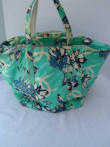 AUTHENTIC CHANEL XL GREEN AND BLUE COATED FLORAL … - image 1