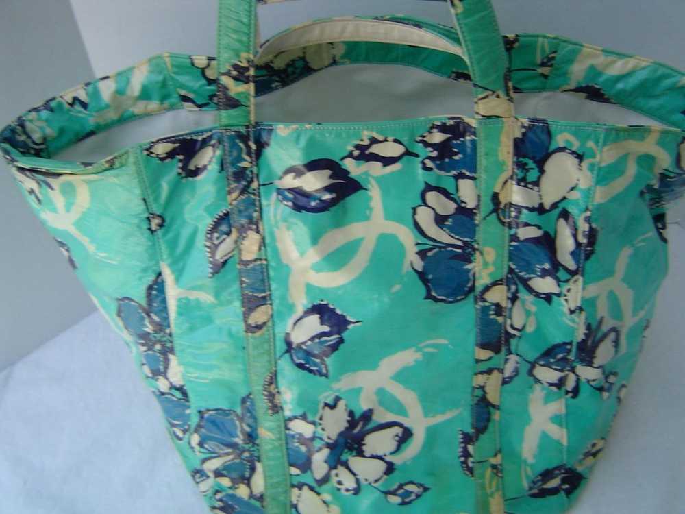 AUTHENTIC CHANEL XL GREEN AND BLUE COATED FLORAL … - image 3