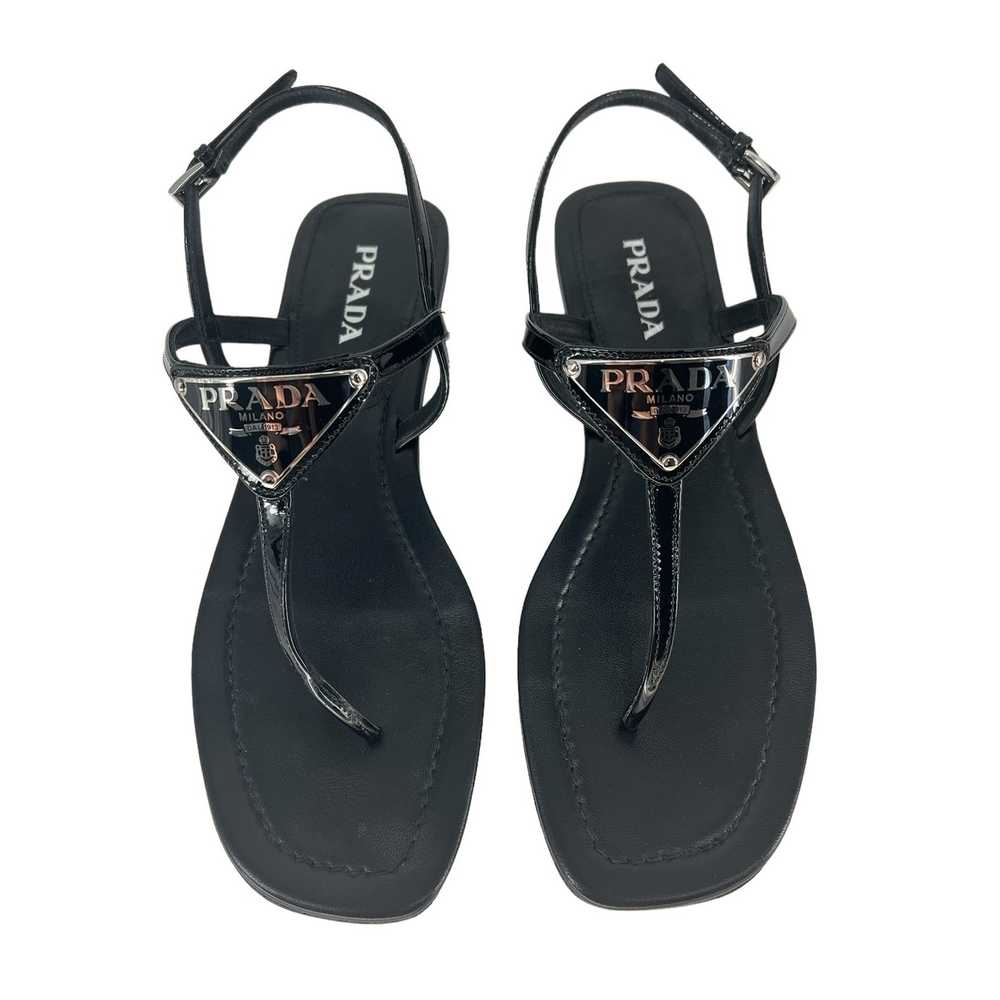 Prada Triangle Leather Logo Sandals in Black Pate… - image 11
