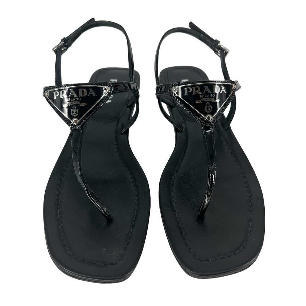 Prada Triangle Leather Logo Sandals in Black Pate… - image 12