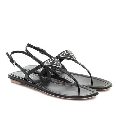 Prada Triangle Leather Logo Sandals in Black Pate… - image 1