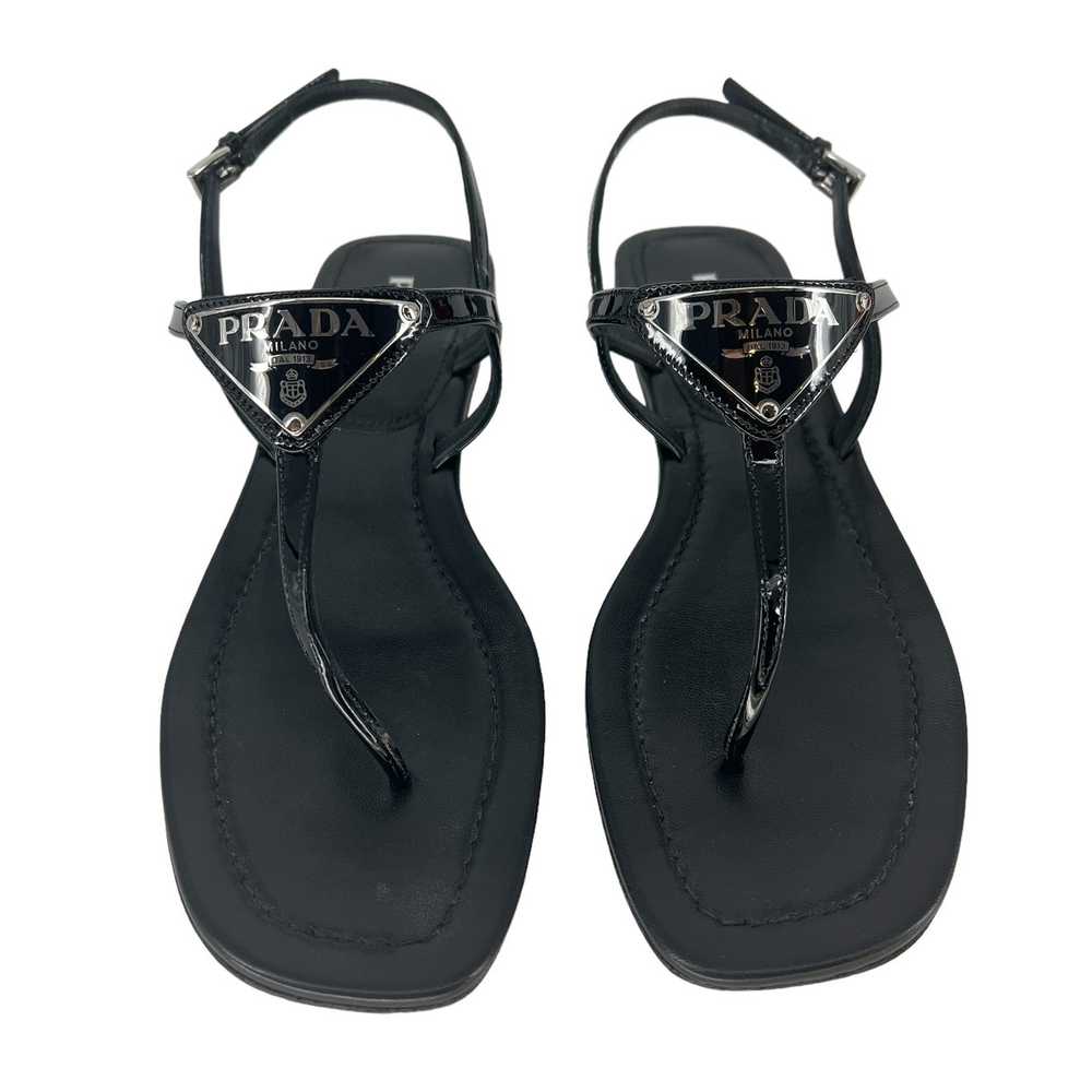 Prada Triangle Leather Logo Sandals in Black Pate… - image 3