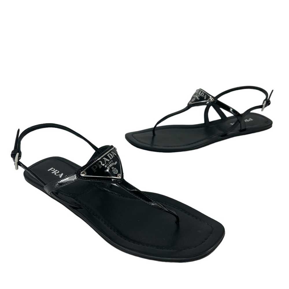Prada Triangle Leather Logo Sandals in Black Pate… - image 4