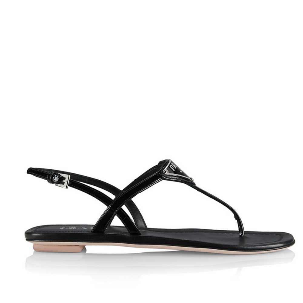 Prada Triangle Leather Logo Sandals in Black Pate… - image 5