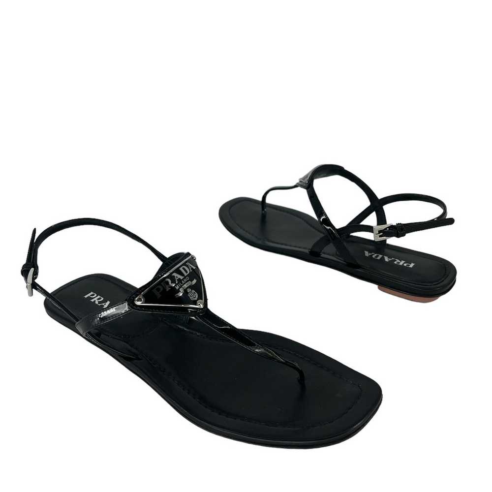 Prada Triangle Leather Logo Sandals in Black Pate… - image 6