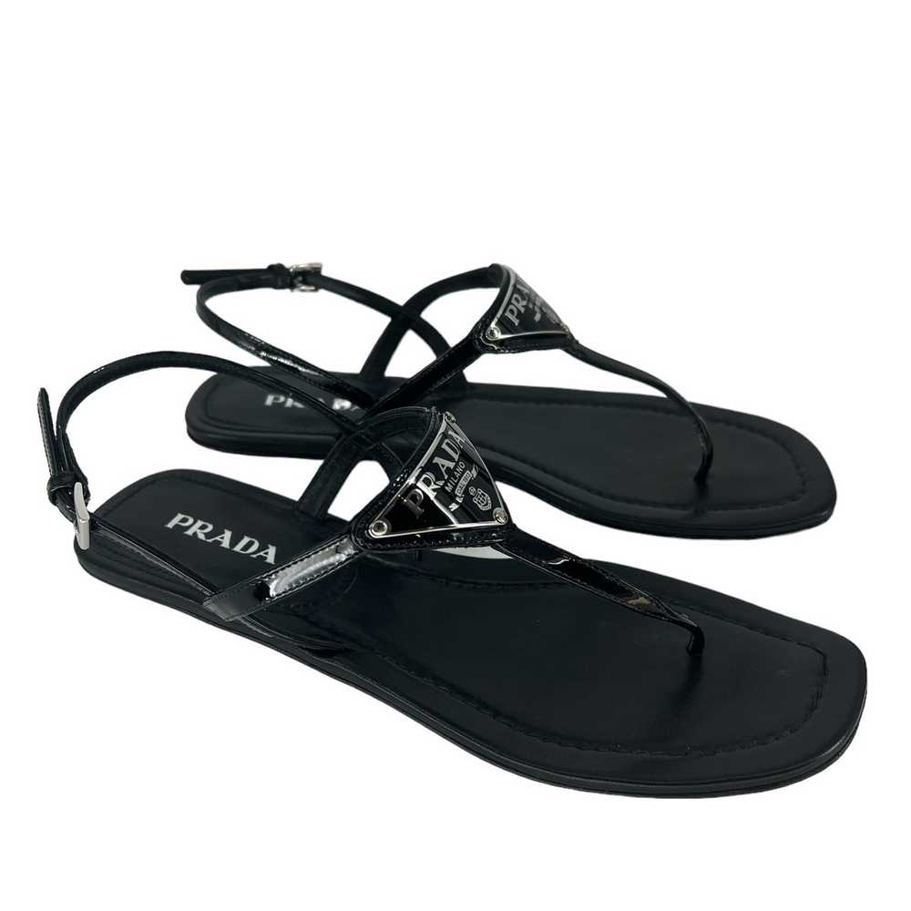 Prada Triangle Leather Logo Sandals in Black Pate… - image 7