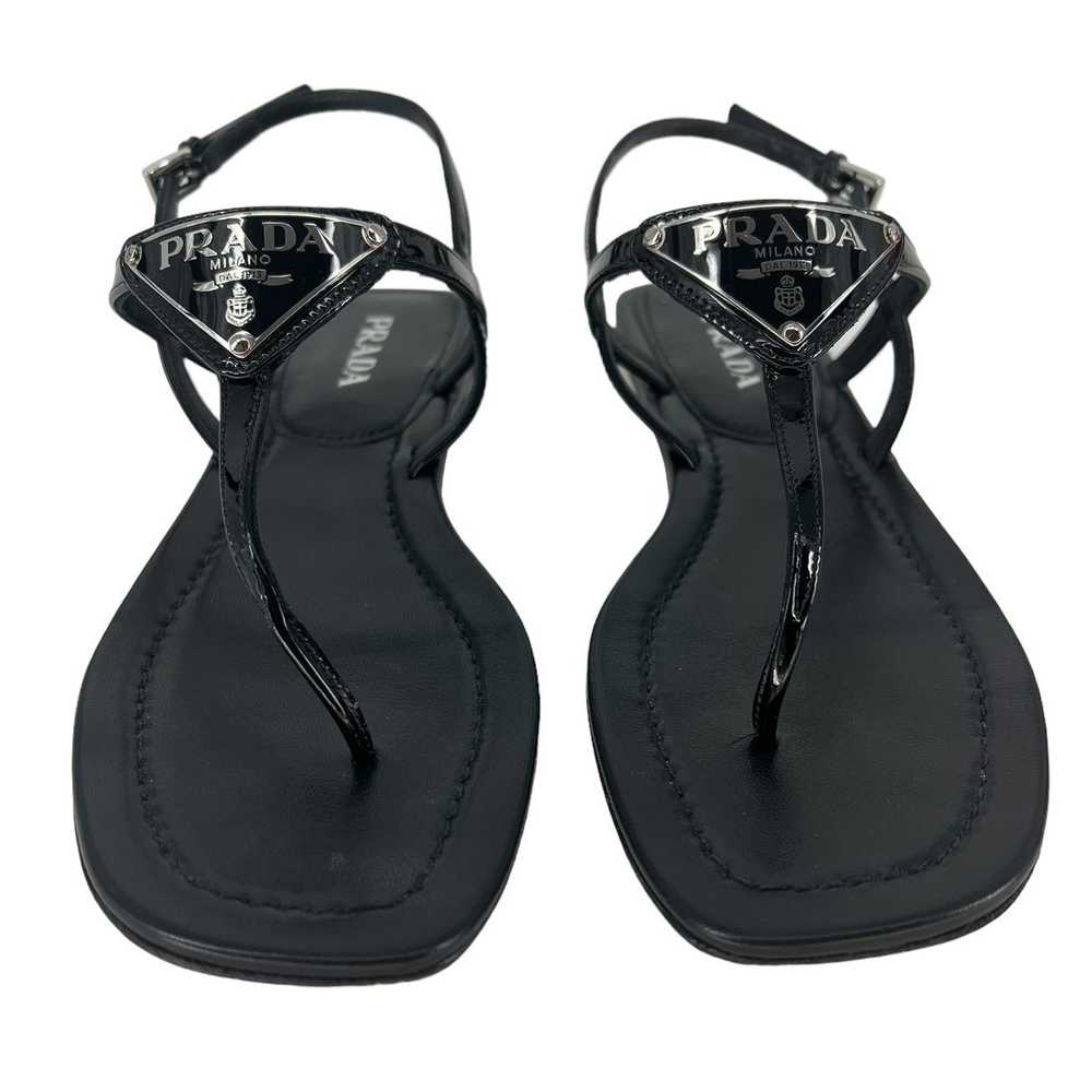 Prada Triangle Leather Logo Sandals in Black Pate… - image 9