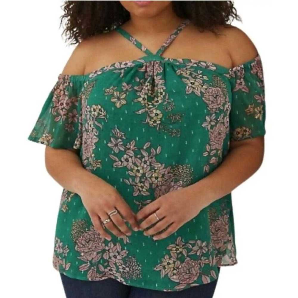 Torrid Floral Cold Shoulder Sparkle Top Adjustabl… - image 2