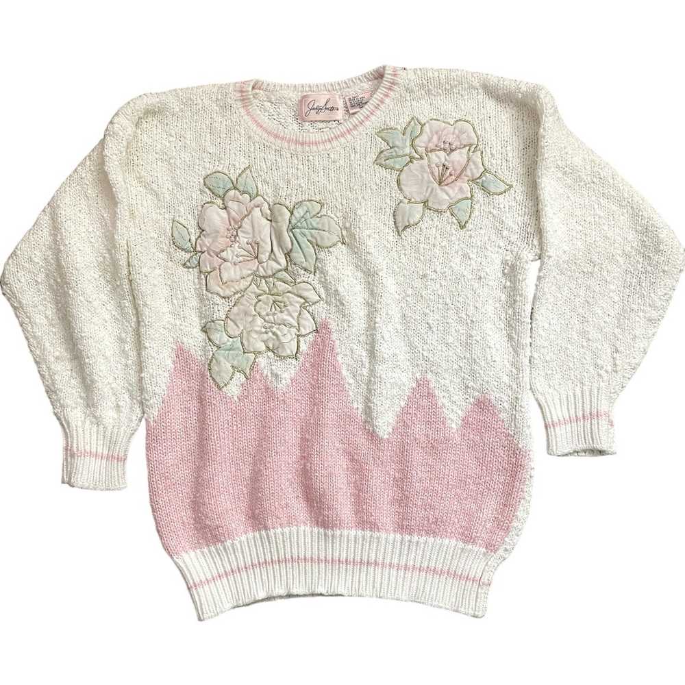 Vintage 80s Pastel Pink Floral Sweater Faux Pearl… - image 1