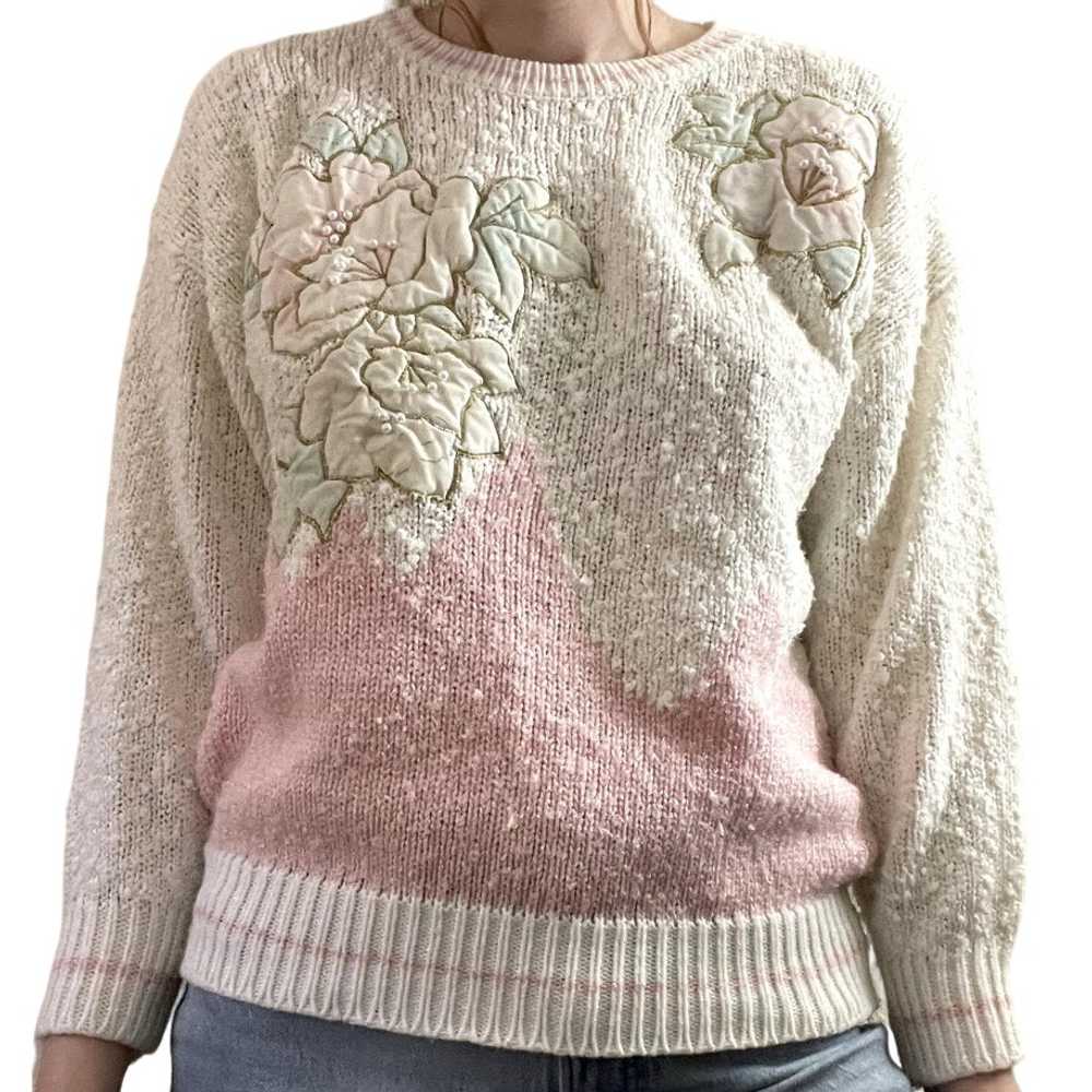 Vintage 80s Pastel Pink Floral Sweater Faux Pearl… - image 3