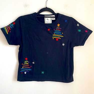 Vintage Michael Simon Christmas Tree outlets embroidered cropped tshirt sz M