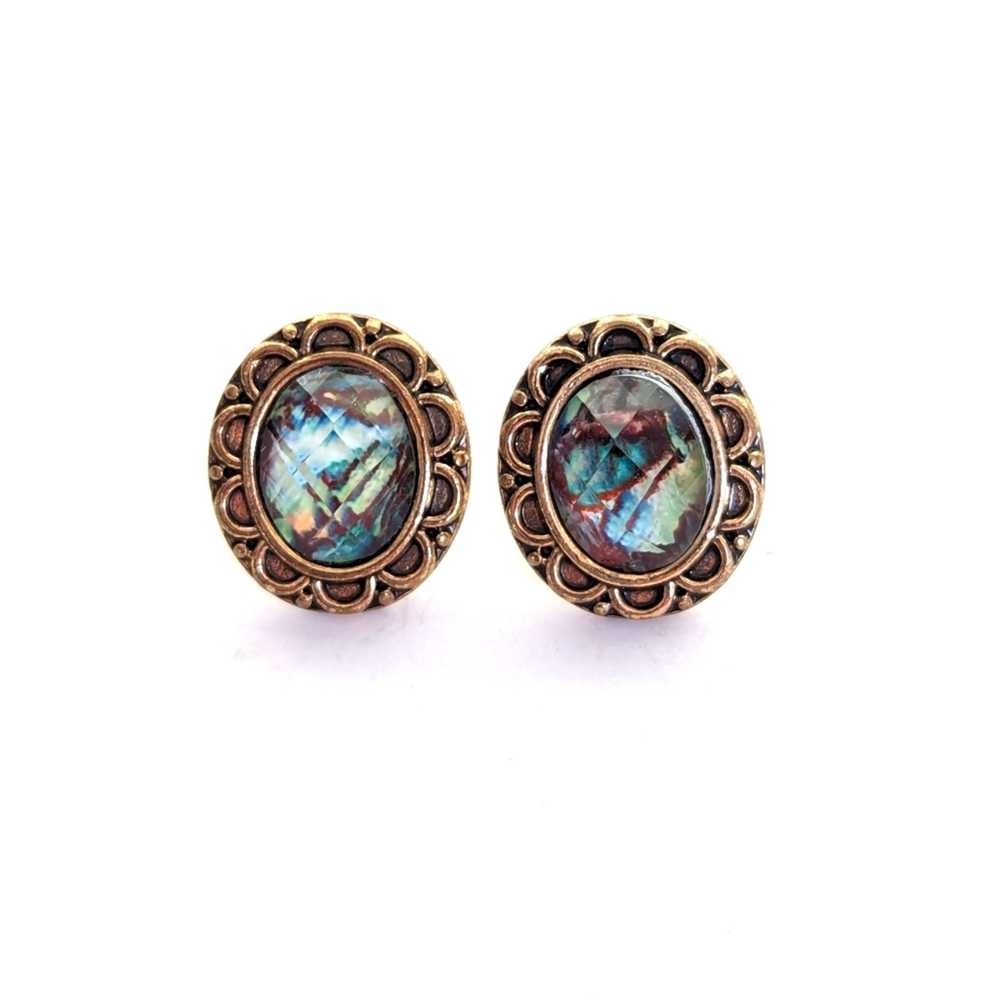 Stunning Faceted Faux Opal Antique Gold Tone Post… - image 1